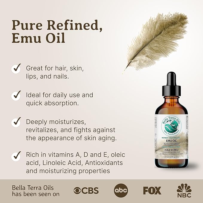 Bella Terra Oils - Emu Oil 8 oz - Australian Legacy, Famed for Omega-3, Omega-6 & Omega-9, The Natural Secret to Radiant Skin