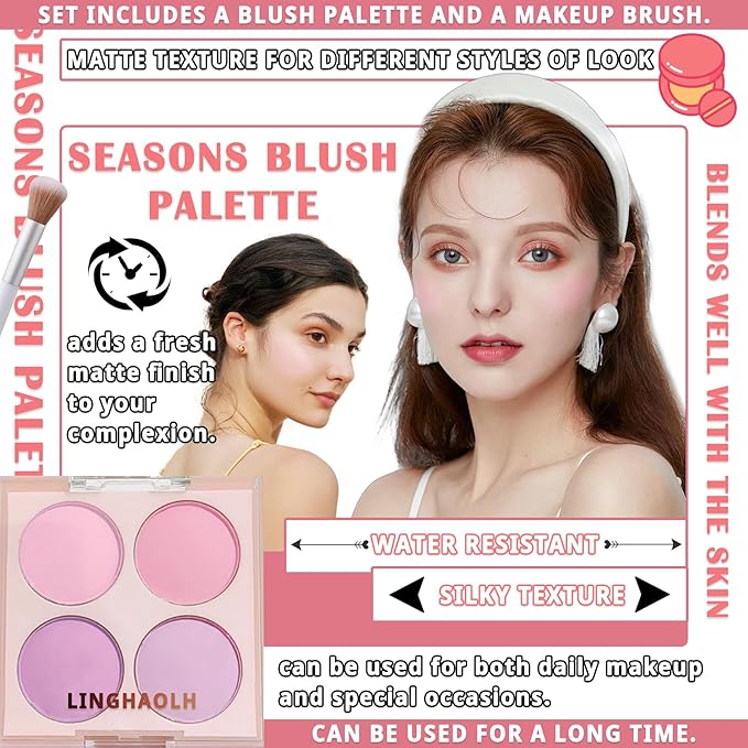 4 Colors Blush Palette for Cheeks,Face Matte Contour Blush Makeup Palette,Buildable Shimmer Facial Cheek Blusher Shades,Blendable Cosmetic Makeup Blush with Blush Brush 02