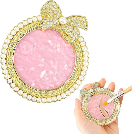 Resin Nail Art Palette, Nail Art Painting Mixed Color Palette Bow Decorated Nail Art Display Board with Pearls Nail Art Supplies Makeup Foundation Mixing Palette Manicure Tool