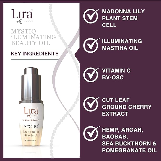 Lira Clinical MYSTIQ iLuminating Beauty Oil - Vitamin C Face Oil with Plant Stem Cell Extract - Hydrates Skin with Argan, Baobab with Antioxidants - Facial Drops for Daily Skincare Routine - 0.5 Oz