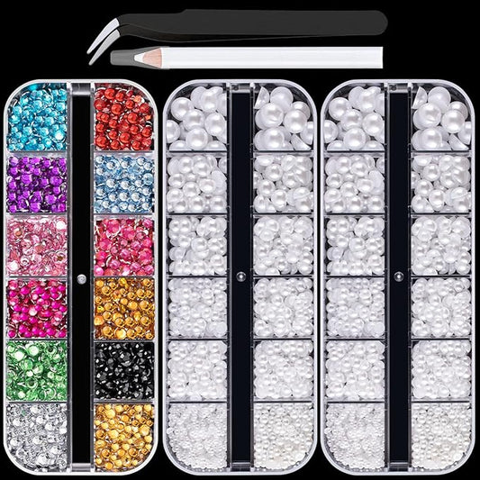 Flat Back Rhinestone+Half Round Pearl Kits Colorful Rhinestones+White Pearls with Picker Pencil and Tweezer for Home DIY and Professional Use