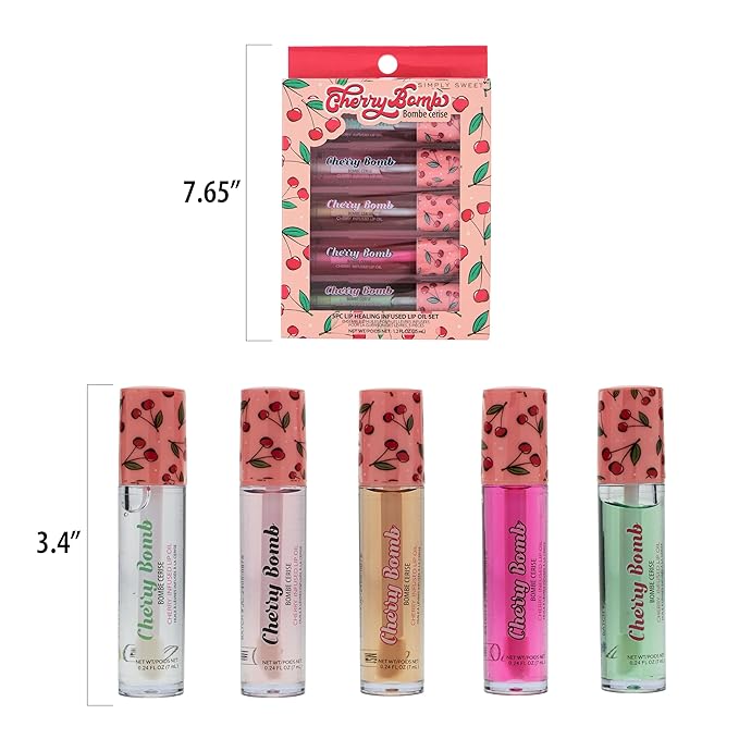 Expressions 5pc Lip Oil Set - Cherry Bomb Lip Oils, Lip Healing Cherry Infused Lip Oil Collection with Precision Applicator Wand Everyday Lip Care and Lip Repair (CHERRY BOMB)