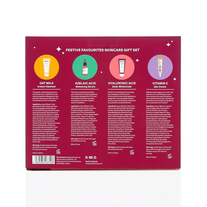 Q+A Festive Favourites Gift Set, containing a Hyaluronic Acid Moisturiser (75ml), an Oat Milk Cream Cleanser (75ml), an Azelaic Acid Serum (30ml), and a Caffeine Eye Serum (15ml)