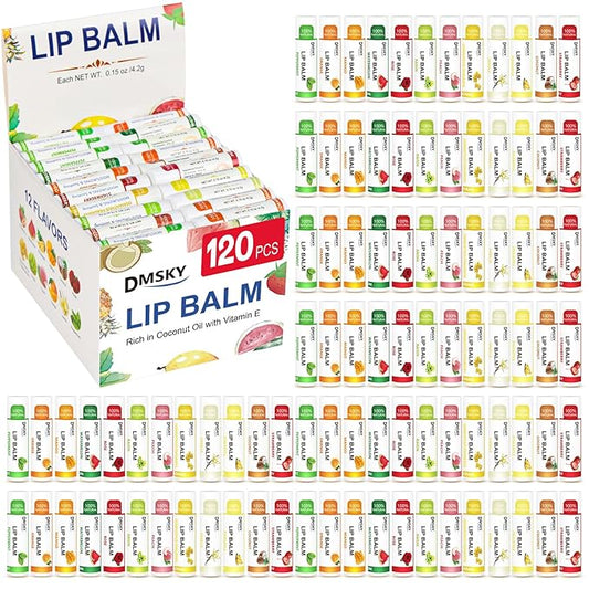 DMSKY 120 Pack Lip Balm, Lip Balm Bulk with Vitamin E and Coconut Oil, Moisturizing Lip Balm for Dry Lips, Stocking Stuffers for Women Girls-12 Flavors