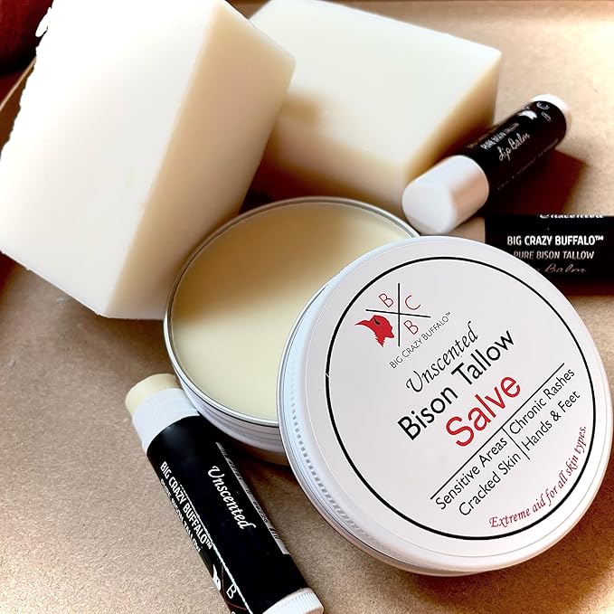 Pure Bison Tallow Unscented Gift Set - Buff Bar, Salve, & 3 Unscented Lip Balms - Cleans, Moisturizes, Soothes, Naturally Derived - No Dyes, Chemicals, Fragrances, or Preservatives