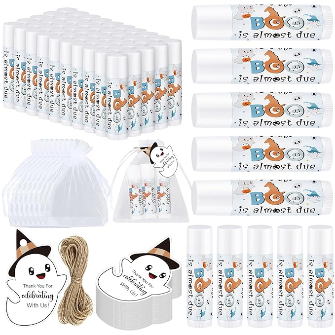 Demissle 50 Pcs Baby Shower Lip Balm Gift Set with 100 Pcs Organza Bags Baby Shower Party Favor for Guest Thank You Tag Rope Baby Shower Party Decoration Gender Reveal Souvenirs (Ghost)