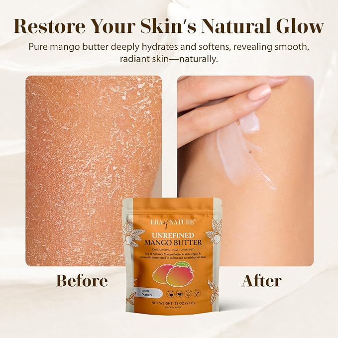 era of nature Organic Unrefined Raw Mango Body Butter Block 32oz - Moisturizing Mango Seed Raw Butter Bar for Skin & Hair, DIY Lip Balm Base, Cream, Soap & Lotion Making Supplies, Personal Skincare