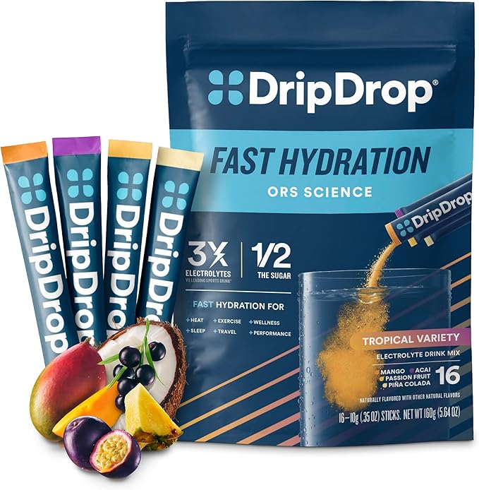 DripDrop Hydration Packets - Tropical Variety Pack - Single Serve Electrolytes Powder Drink Mix - Mango, Açaí, Passion Fruit, Piña Colada - Non-GMO, Gluten Free, Vegan - 16 Sticks