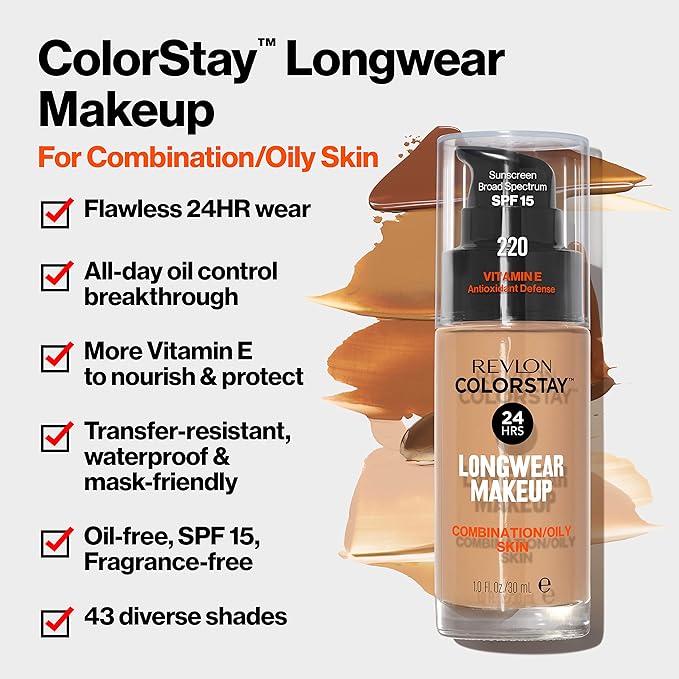 Revlon Liquid Foundation, ColorStay Face Makeup for Combination & Oily Skin, SPF 15, Medium-Full Coverage with Matte Finish, Rich Ginger (380), 1.0 oz