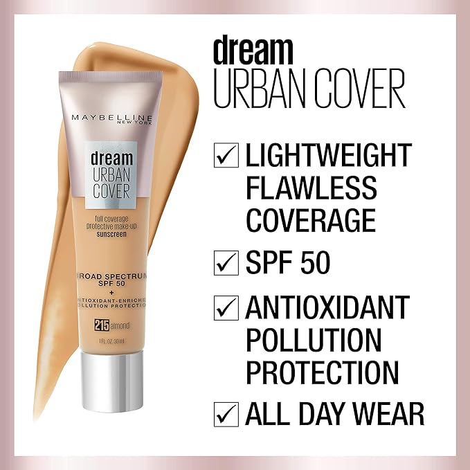 Maybelline New York Dream Urban Cover Flawless Coverage Foundation Makeup, SPF 50, Toffee