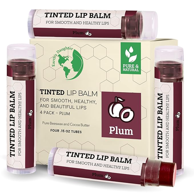 Tinted Lip Balm by Earth’s Daughter – 4 Pack of Plum Color – Beeswax, Coconut Oil, Cocoa Butter, Vitamin E – Moisturize and Beautify – Paraben Free