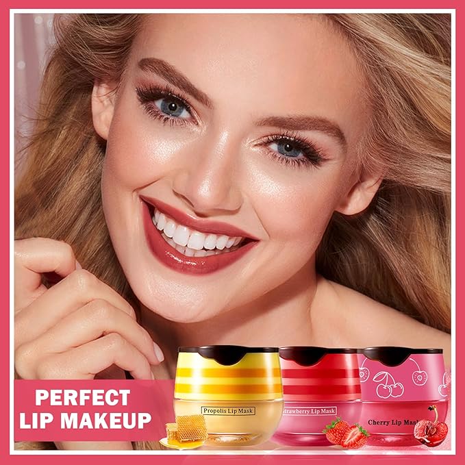 NVLEPTAP 3PCS Bee Lip Balm Honey Pot Honey Lip Balm Strawberry Honey Cherry Lip Sleeping Mask Moisturizing Hydrating Lip Care Products Honey Pot Lip Balm with Stick