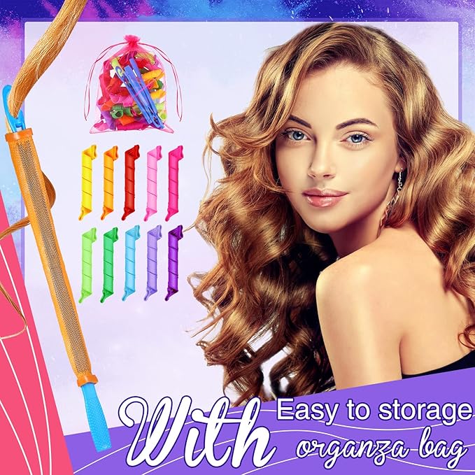 Yilloog 40 Pieces Hair Curlers Kit Heatless Spiral Curlers Tools with 2 Styling Hooks and 1 Storage Bag Multicolor Magic Curls Rollers for Women Long Medium Short Hair Classic Style