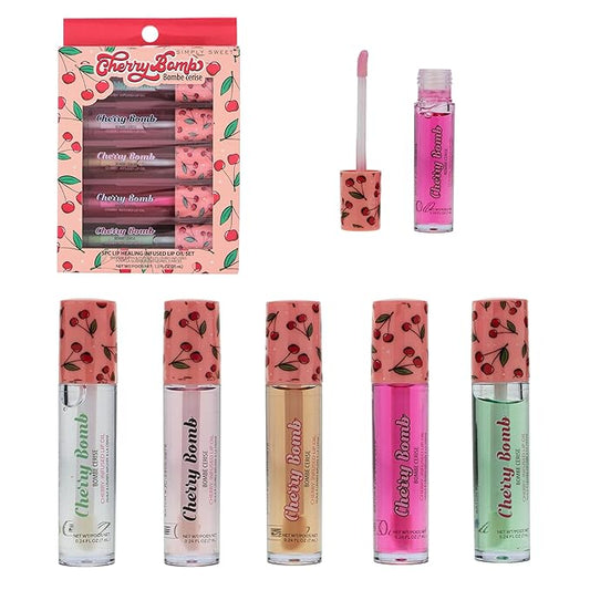 Expressions 5pc Lip Oil Set - Cherry Bomb Lip Oils, Lip Healing Cherry Infused Lip Oil Collection with Precision Applicator Wand Everyday Lip Care and Lip Repair (CHERRY BOMB)