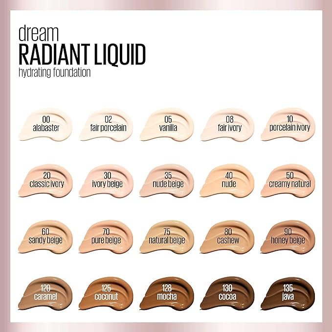 Maybelline Dream Radiant Liquid Medium Coverage Hydrating Makeup, Lightweight Liquid Foundation, Creamy Natural, 1 Count