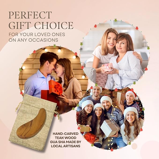 Teak Wood Gua Sha Facial Tool for Face and Body Massage, Anti-Aging Reduce Puffiness Wrinkles Shape Jawline Skincare Routine Treatment, Wooden Gua Sha Massager with Travel Pouch for Gift Set