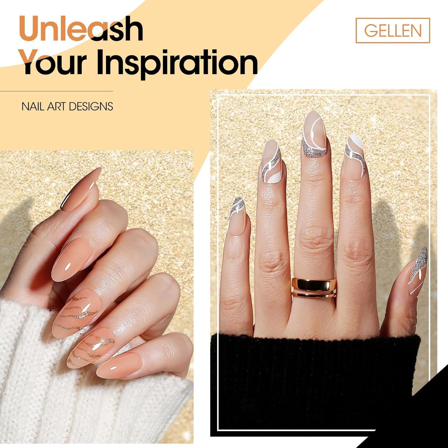 GELLEN Gold Silver Liner Gel Nail Polish, 2Pcs 10ml Soak off Uv Lamp Glitter Nail Art Polish Set with Built Thin Brush, Gel Art Paint for Sparkly Shiny Swirl Nails, Christmas Diy Gift for Women Girls