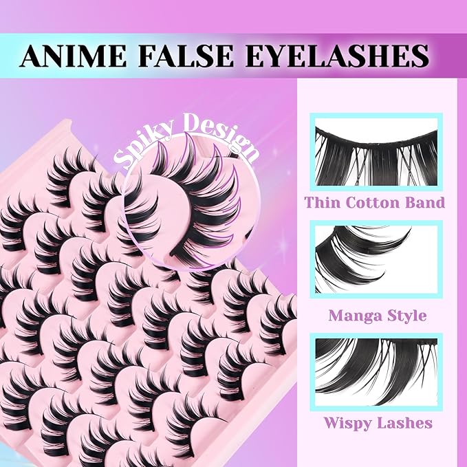 Losha Lashes Spiky Manga Lashes 14 Pairs Anime False Eyelashes 8D Wispy Asian Eye Lashes Pack Natural Soft Fake Eyelashes (Cutes Only)