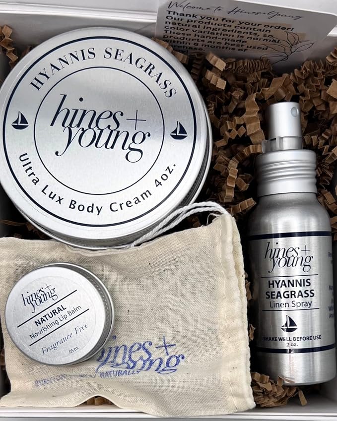 Hines+Young Travel Tins Gift Set - 4 oz Body Cream, 2 oz Linen Spray, Natural Lip Balm - Skin Care and Refreshing Home Fragrance, Ideal Self-Care Gift Set (Pack of 3, Hyannis Seagrass)