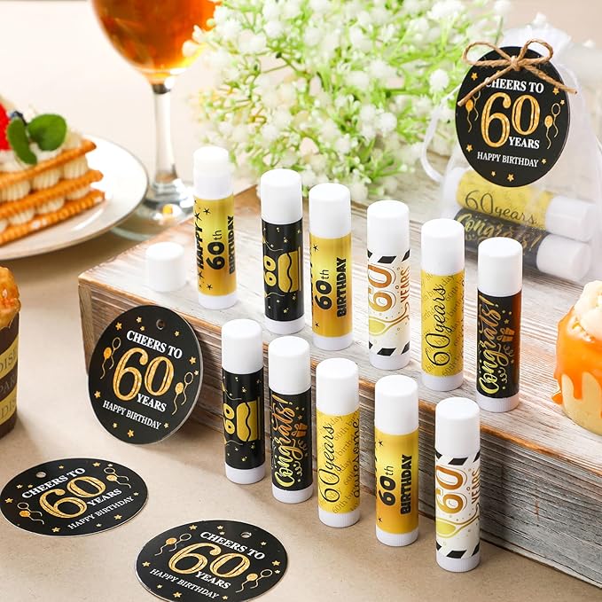 50 Sets 60th Birthday Favors Lip Balm Gifts Bulk Moisturizing Lip Balm with 50 Organza Drawstring Gift Bag 50 Tags 60th Birthday Party Supplies Gifts Bulk for Men and Woman