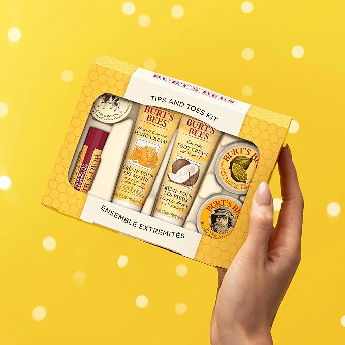 Burt's Bees Back to School Gifts Ideas, 6 Body Care College Dorm Products, Tips and Toes Set - Pomegranate Moisturizing Lip Balm, 2 Hand Creams, Foot Cream, Cuticle Cream & Hand Salve
