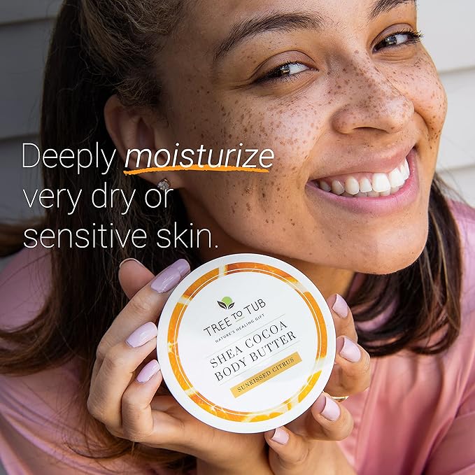 Tree to Tub Shea Body Butter for Dry, Extremely Dry, Sensitive Skin - Moisturizing Body Cream for Women & Men, Hydrating Body Lotion Moisturizer w/Vitamin C, Organic Cocoa, All Natural Citrus Scent