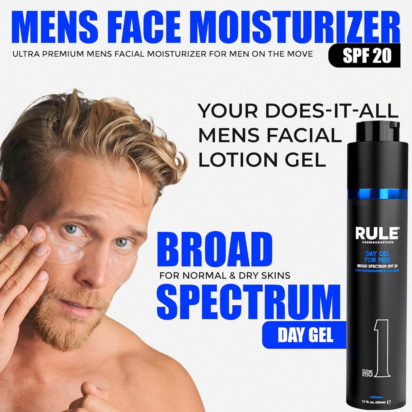 No.1 Day Gel for Men, 10-in-1 Anti-Aging Face Moisturizer to Reduce Wrinkles, SPF 20, Collagen, Vitamins B, C & E - Combination & Oily Skin - Original, 50 mL