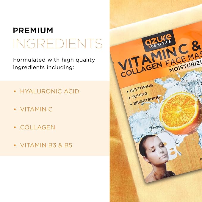 Azure Cosmetics Vitamin C & Collagen Face Mask - Dermatologist Tested, Anti Aging, Hydrating & Moisturizing Sheet Mask for Dry Skin - Firms, Tones & Smooths Fine Lines - Korean Skin Care - Pack of 5