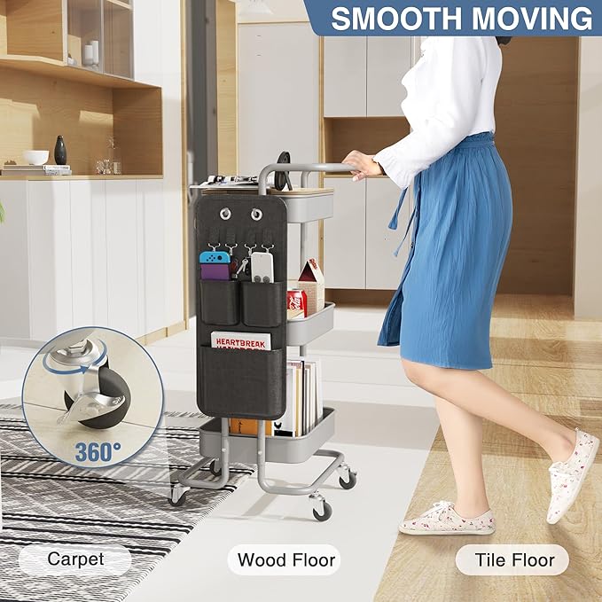 DTK 3 Tier Metal Utility Rolling Cart with Table Top and Side Bags, Tray Storage Organizer Wheels, Art Craft 4 Hooks for Kitchen Bathroom Office Living Room(Grey)