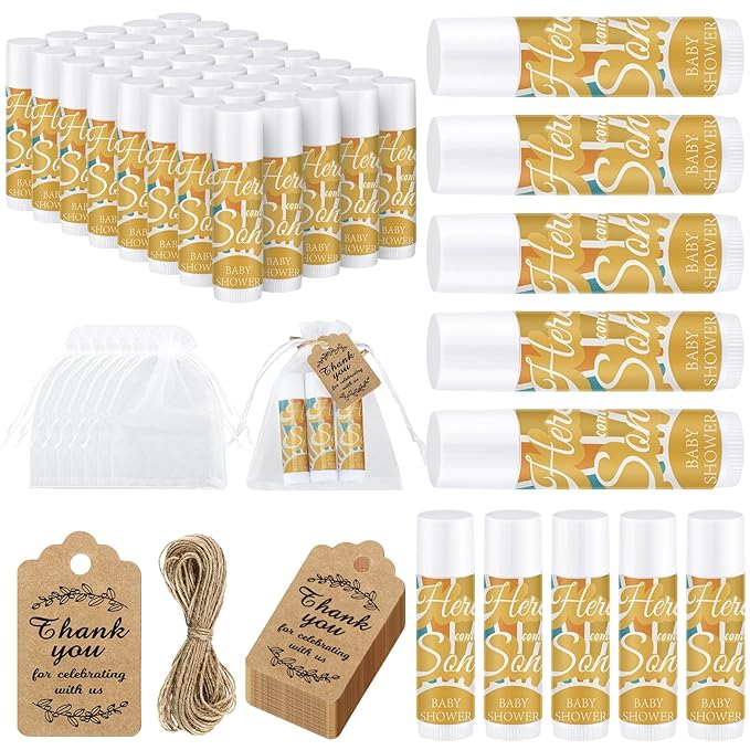 Demissle 50 Pcs Baby Shower Lip Balm Gift Set with 100 Pcs Organza Bags Baby Shower Party Favor for Guest Thank You Tag Rope Baby Shower Party Decoration Gender Reveal Souvenirs(Colorful Stripes)