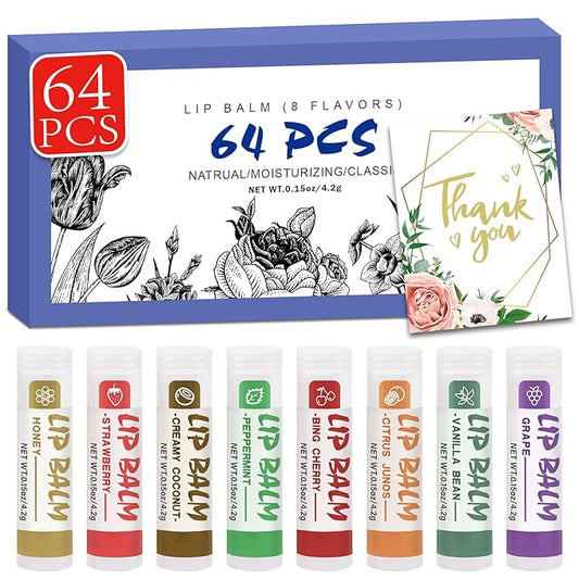 64 Pack Lip Balm, Natural Lip Balm Bulk with Vitamin E and Coconut Oil, Moisturizing Soothing Chapped Lips-8 Flavors