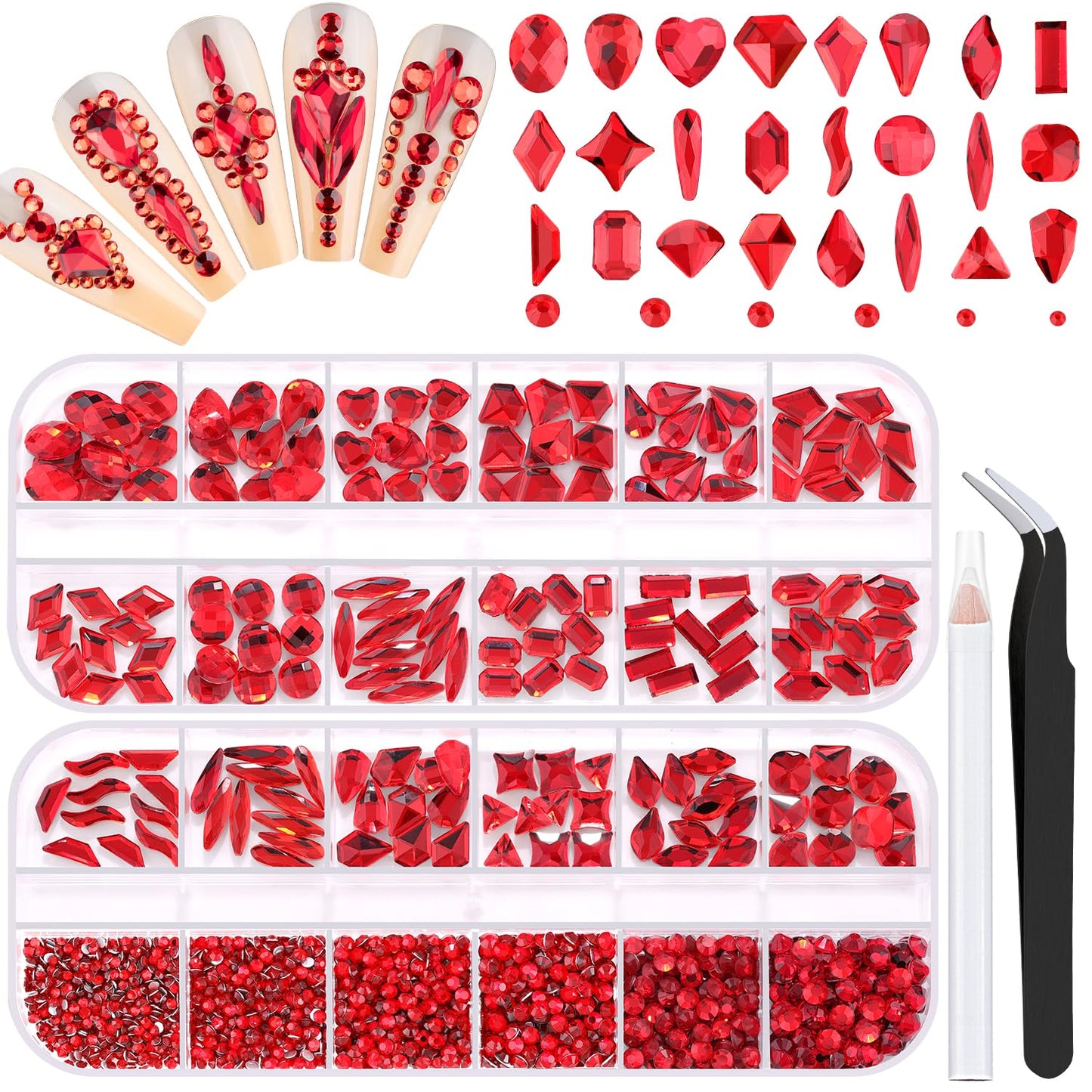 1680Pcs Red Glass Nail Rhinestones 180Pcs Multi Shapes Flatback Nail Gems + 1500Pcs 1.5-4mm Round Crystal, Manicure Nail Charms Diamond Gemstones for Acrylic Nails Decoration