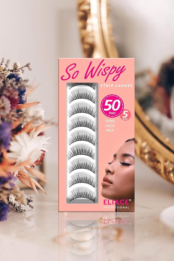 Eliace Luxurious 50 Pairs 5 Styles Cat Eye Lashes Wispy False Eyelashes Natural look 3D Mink Lashes Fake Eyelashes Kit, Thin Soft Band Comfortable Fluffy Volume Cross Strip Lash, with Lash Tweezers