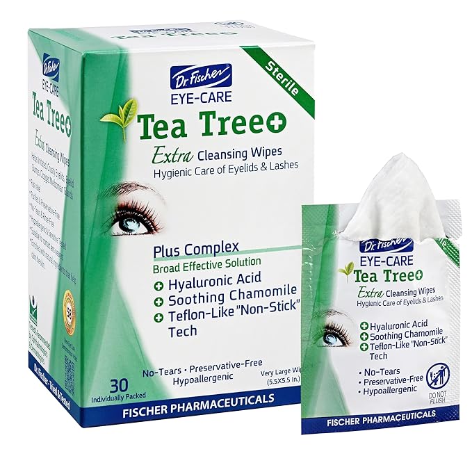 Dr. Fischer Tea Tree Oil Eye Wipes - Eyelid Wipes for Sensitive Eyes with Hyaluronic Acid and Chamomile, Makeup Remover, Daily Cleanser (30 wipes)