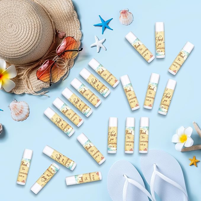 Dunzy 50 Pcs Thank You Gift Lip Balm Bulk Baby Shower Party Favors Bridal Shower Favor Lip Care with Assorted Fruit Flavors Thank You Lipstick for Guest Basket Gift Stuffer (Summer Beach)