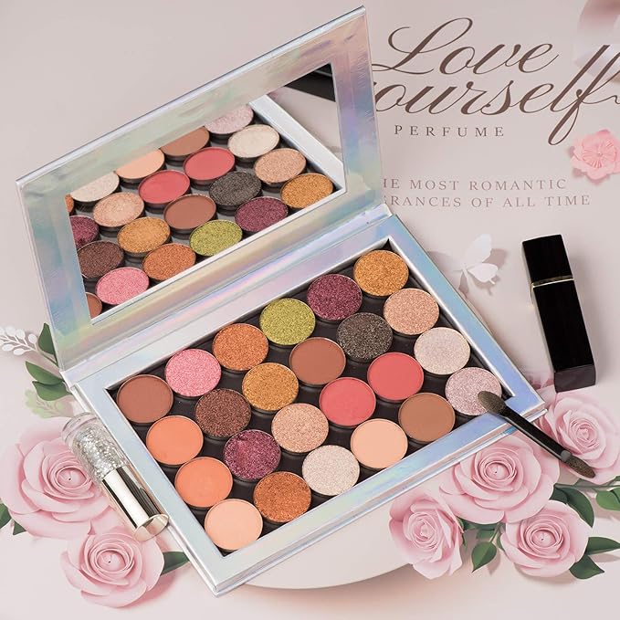 Magnetic Palette Mermaid Empty Makeup Palette with Mirror and 30Pcs Adhesive Empty Palette Metal Stickers for Eyeshadow Lipstick Blush Powder (Silver)