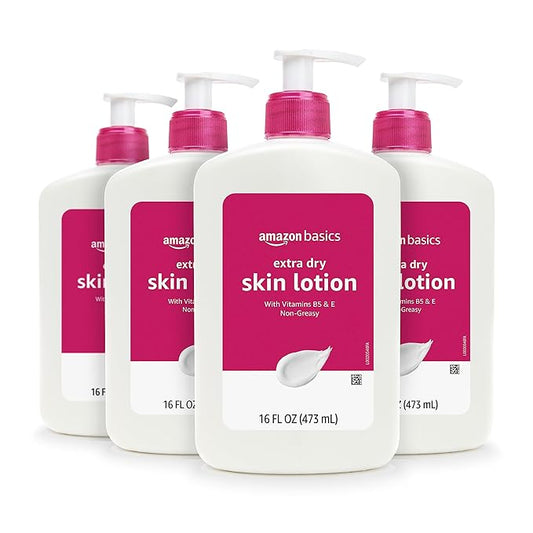 Amazon Basics Body Lotion for Extra-Dry Skin with Vitamins B5 & E, Clean Scent, 16 fl oz, Pack of 4 (Previously Solimo)