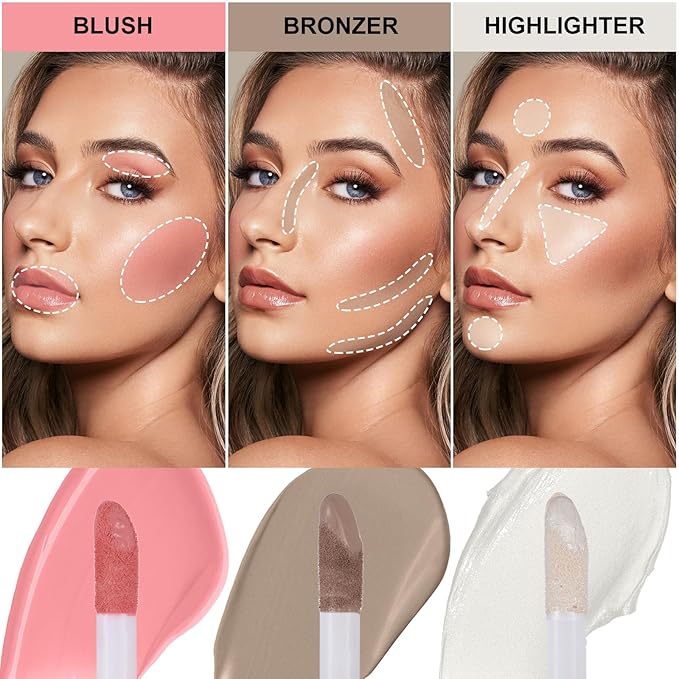 3Pcs Liquid Contour Makeup Trio with Bronzer Shade, Blush, Highlighter for Sculpted Makeup, Matte Finish Liquid Contour Set Easy to Create a Lightweight Look, Longwear Waterproof Formula (1, 6, 11)