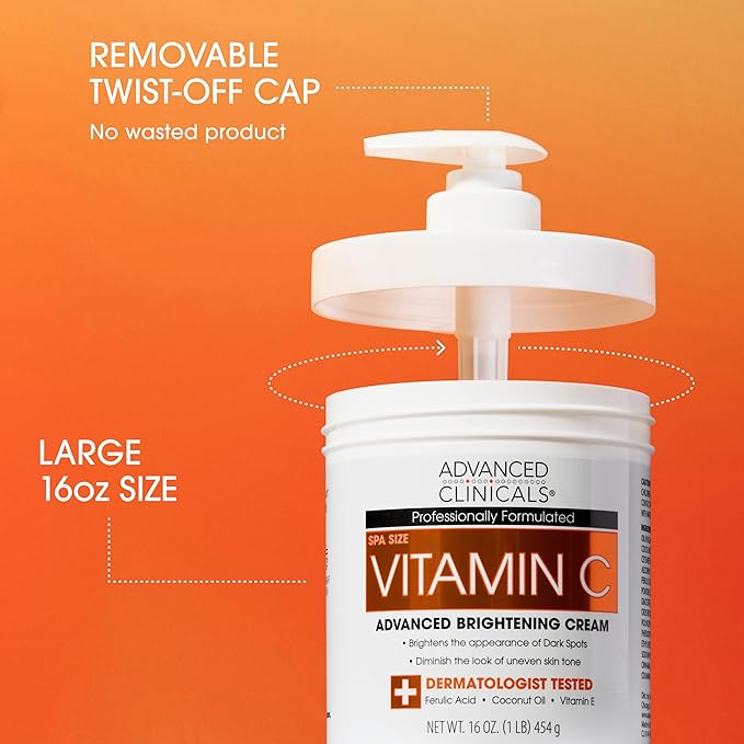 Advanced Clinicals Vitamin C Cream Visibly Brightening Body Lotion | Vitamin C Moisturizer Skin Care Body Cream For Women & Men Visibly Improves Look Of Dark Spots & Uneven Skin Tone, W/Travel Size