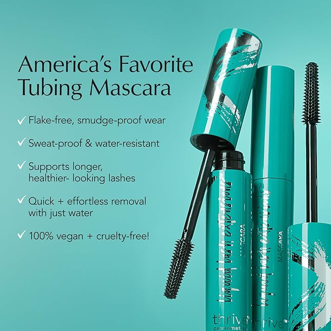 Thrive Causemetics Liquid Lash Extensions Mascara, Tubing Thrive Mascara Lengthening, Volumizing & Curling, Smudge Proof, Washable, No Clumping or Flaking, Vegan & Cruelty Free, Brynn (Rich Black)