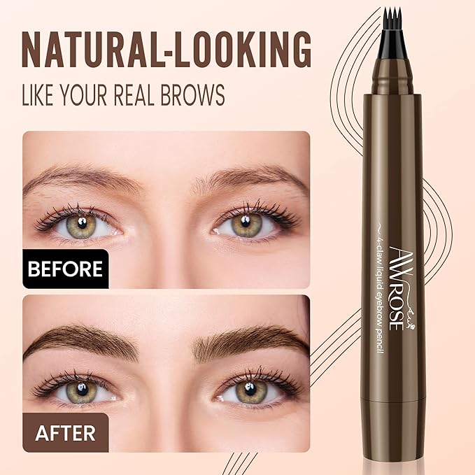 AWROSE Eyebrow Pencil, 2 Pack 3D Waterproof Microblading Eyebrow Pen 4 Fork Tip Tattoo Pencil, Precise Natural Magic Eye Brow Pen with Hair Like Strokes, 4 Points Multi-Used Eye Brow Pencils for Women