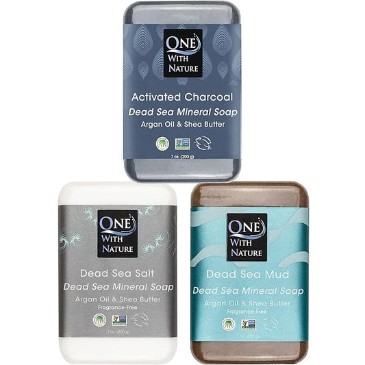 One With Nature Dead Sea Soap 7oz Variety 3Pk-Dead Sea Mud, Activated Charcoal, and Dead Sea Salt-Detoxifying and Exfoliating Soap Bars with Dead Sea Salt for Face & Body, for Men & Women