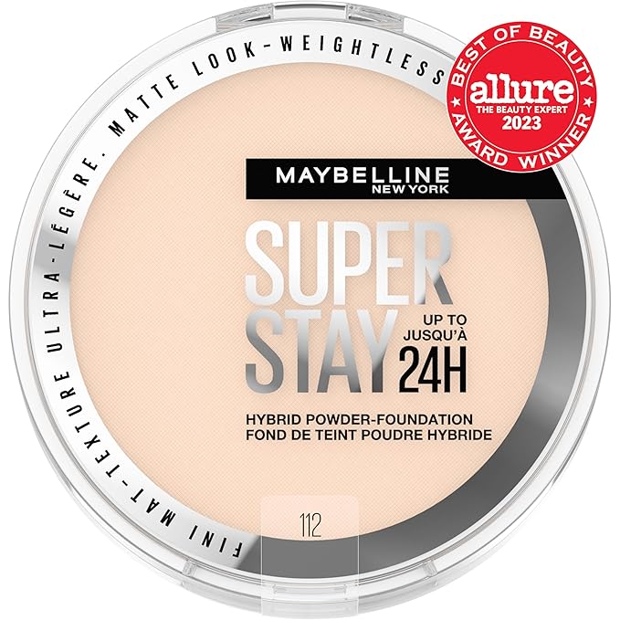 Maybelline Super Stay Up to 24HR Hybrid Powder-Foundation, Medium-to-Full Coverage Makeup, Matte Finish, 112, 1 Count