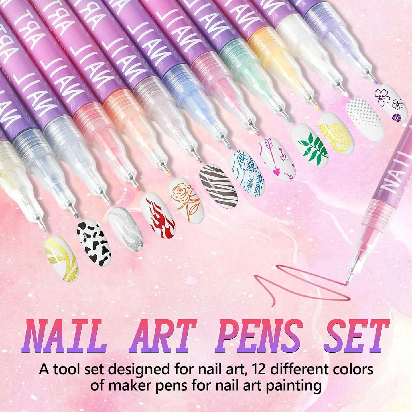 12 Colors Nail Art Pens Set, Nail Art Markers for Gel Nails, Drawing Painting Point Liner Acrylic Painted Pen Kit, Waterproof and Quick-drying Nail for DIY Nails Art Design Manicure Tools