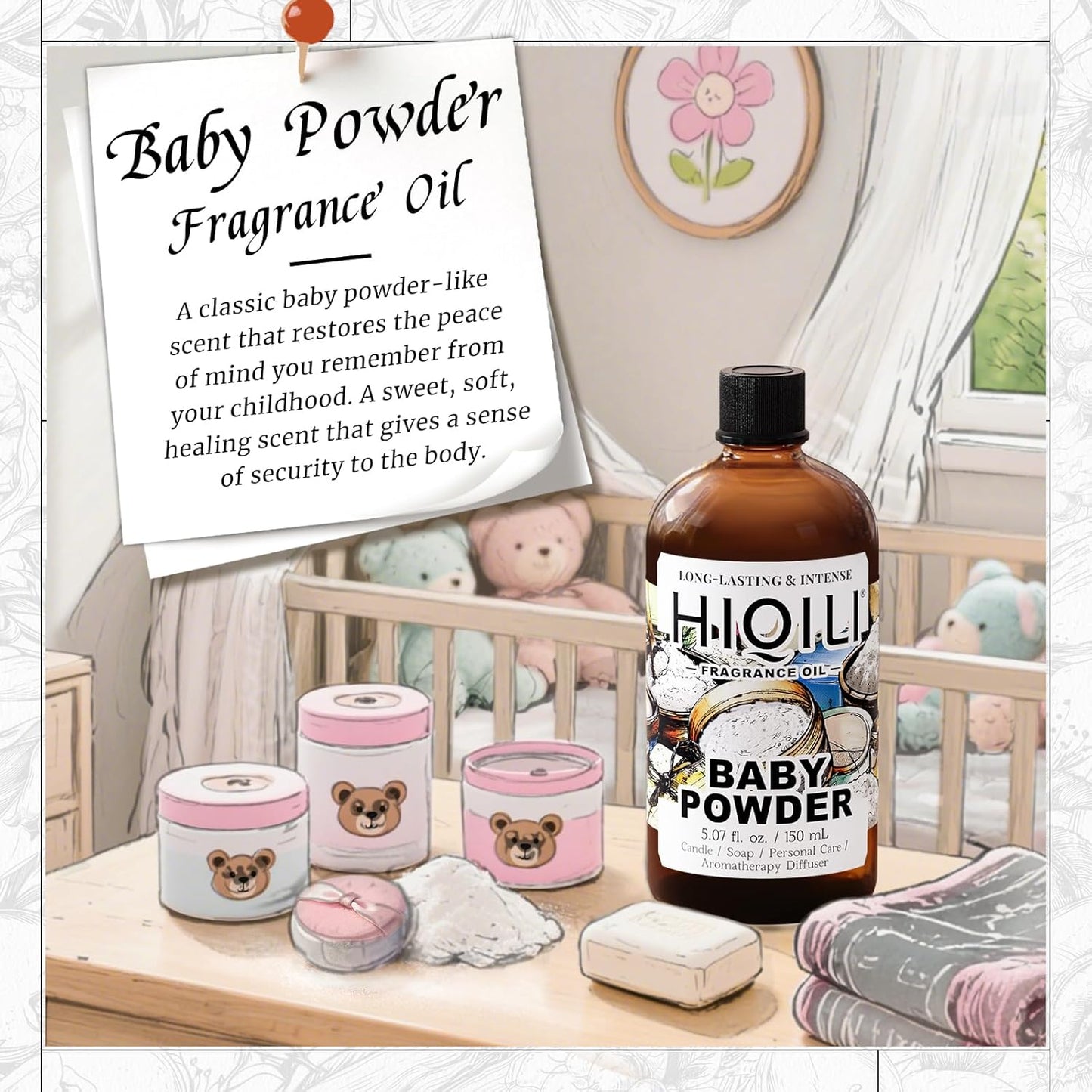 HIQILI Baby Powder Fragrance Oil - for Body Oils, Laundry Detergent, Candle, Perfumes & Soap Making, and Home Diffusers Use - 5.07 Fl Oz