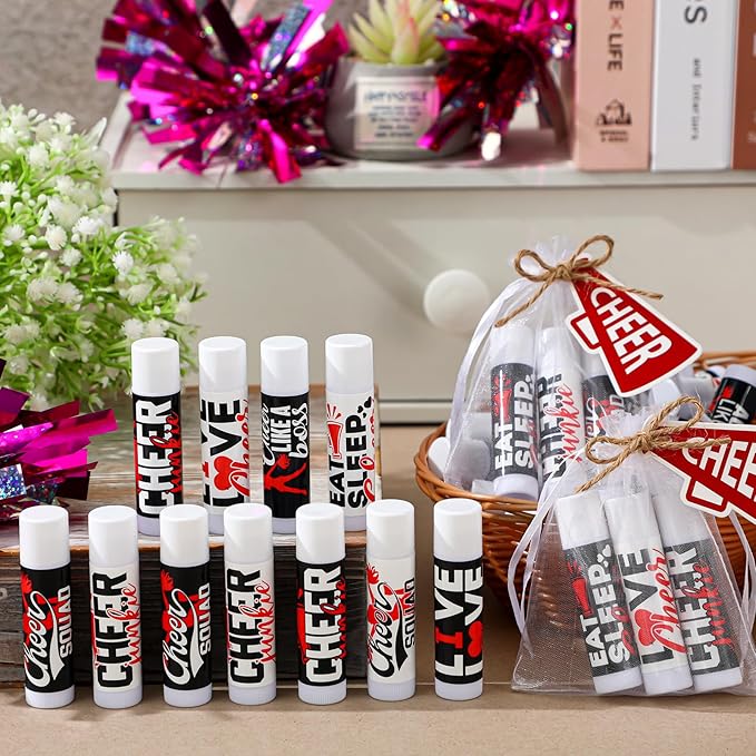 50 Sets Cheer Gifts Bulk 50 Cheer Lip Balm Bulk Moisturizing with 50 Organza Drawstring Gift Bags 50 Tags Cheerleader Gifts Cheer Gifts Bulk for Team (Red)
