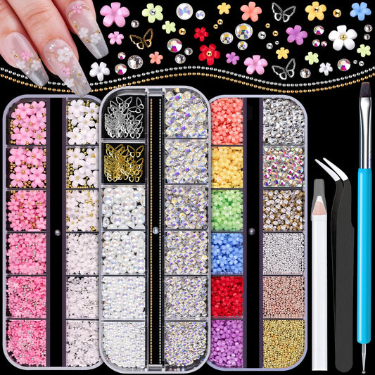 3D Nail Charms, Butterfly White Pink Acrylic Flower Starry AB Gemstones Caviar Beads Half Round Pearl, Flat Back Glass Crystal AB + Clear Round Gems Rhinestones for Nails with Pickup & Dotting Tools