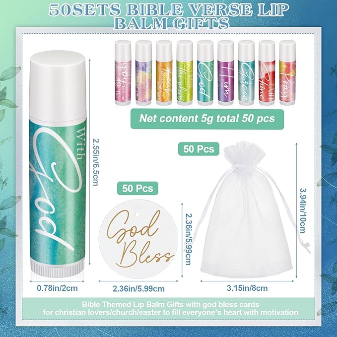 Fumete 50 Sets Christian Lip Balms Bulk Gift for Women Religious Bible Verse Lip Balm Faith Inspirational Scripture Gifts for Church Party Favor Friend Teacher Coworker