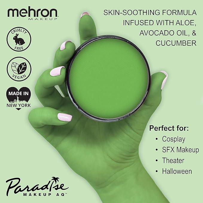 Mehron Makeup Paradise Makeup AQ Refill Size | Stage & Screen Performance, Face & Body Painting, Beauty, Cosplay, and Halloween | Water Activated Face Paint, Body Paint 1.4 oz (40 g) - Light Green