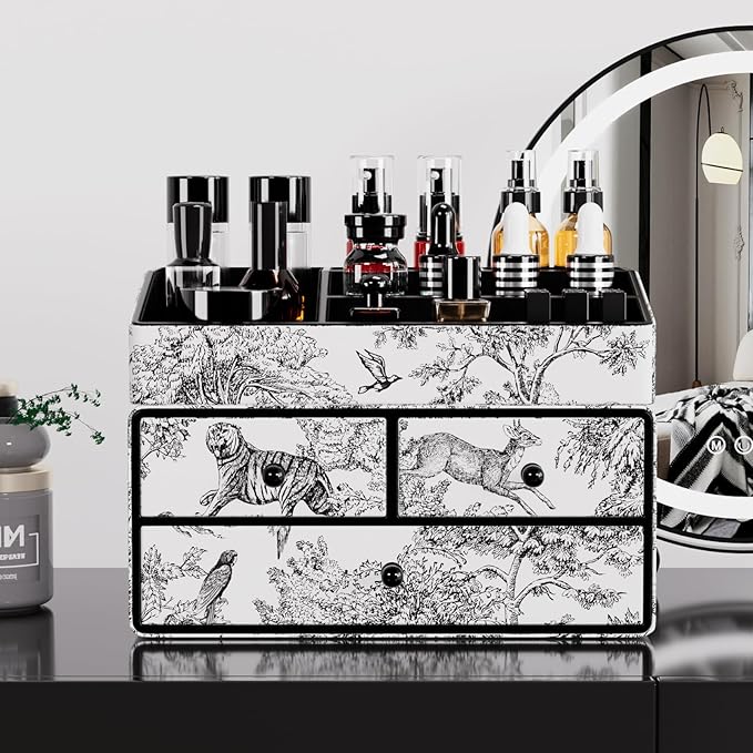 GORESE Leather Makeup Organizer with 3 Drawers for Vanity, Stackable Skincare Holder Dresser Organizer Countertop, Make Up Storage Organizers Counter Cosmetic Display Case Gift for Women(Retro Black)